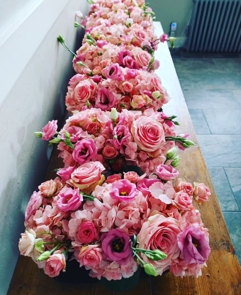 Pink rose and hydrangea floral table runner
