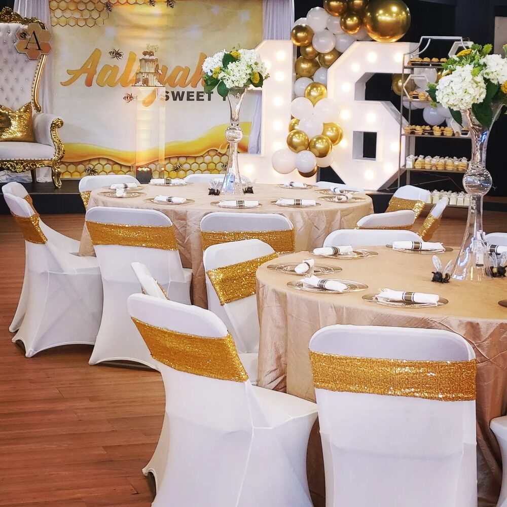 Gold and white honey-bee themed Sweet 16 reception